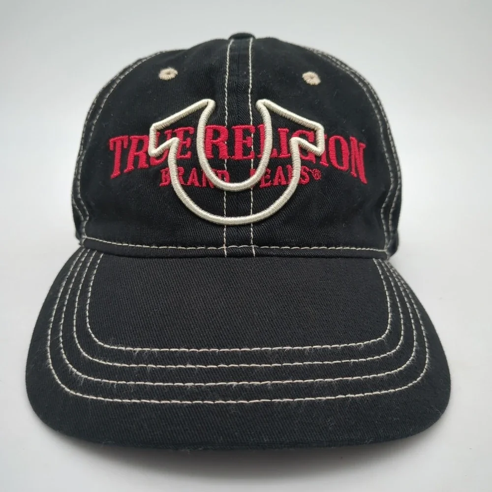True Religion Hat Mens Strapback Black Red Spell Out White Center Horseshoe Logo